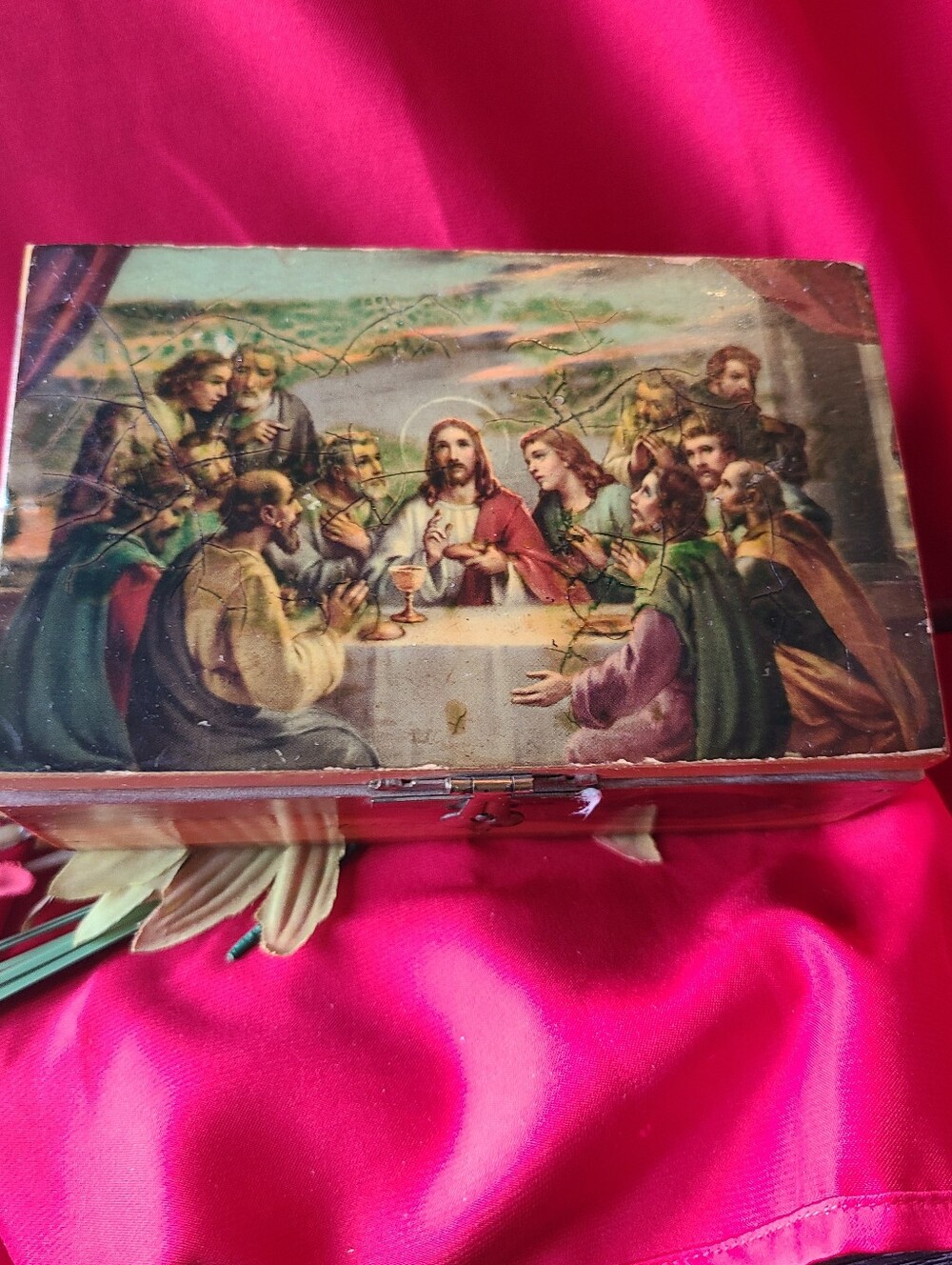 Religious Decorative Wooden Box with Last Supper Artwork - Red Accents